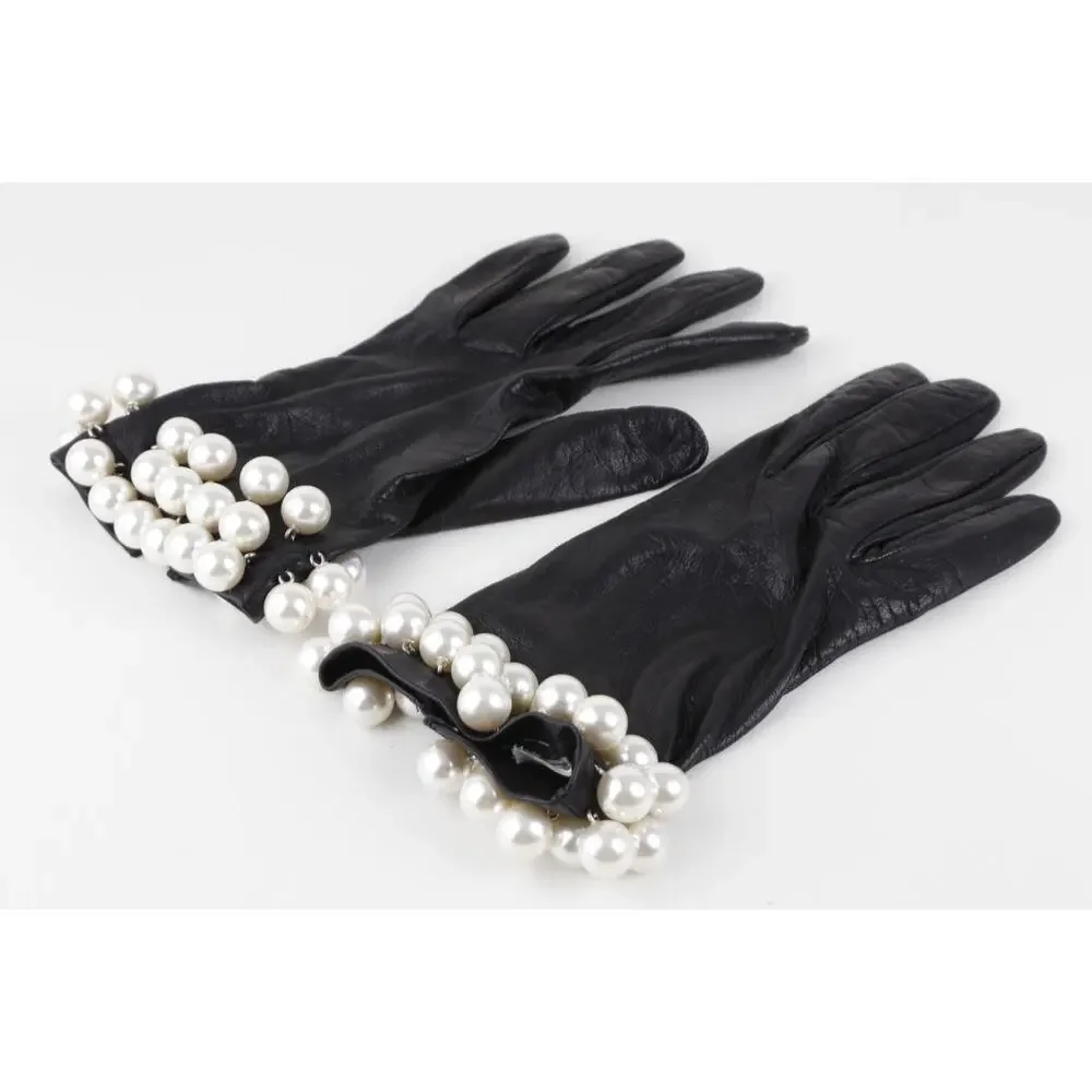 Tally B. Vintage Black Leather Triple Pearl Bead Fringe Gloves Silk Lined Size 8